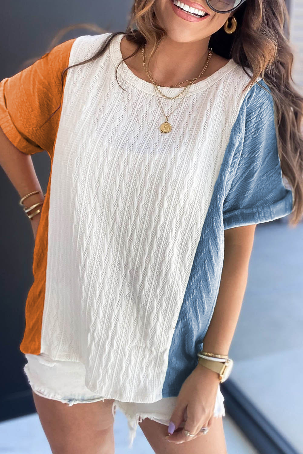 Light Blue Textured Color Block Top