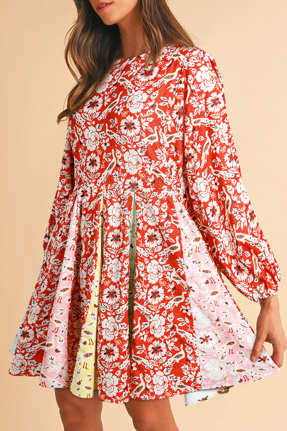 Red Floral Patchwork Pleated Mini Dress