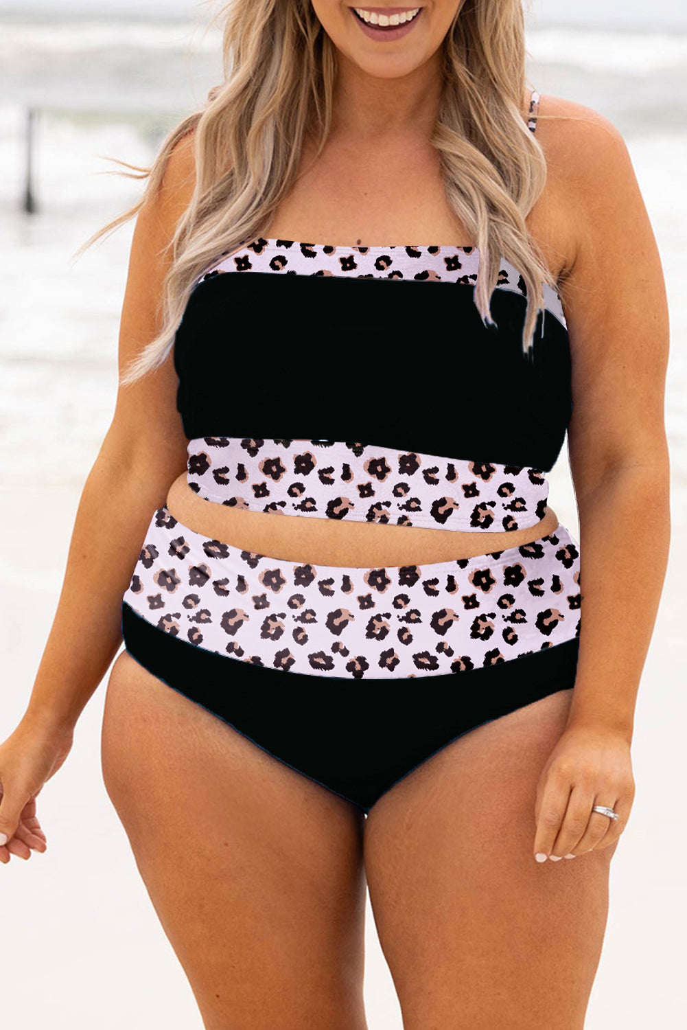 Black 2pcs Leopard High Waisted Swimsuit