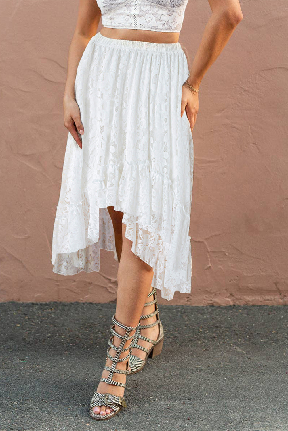 White Lace High-Low Midi Skirt