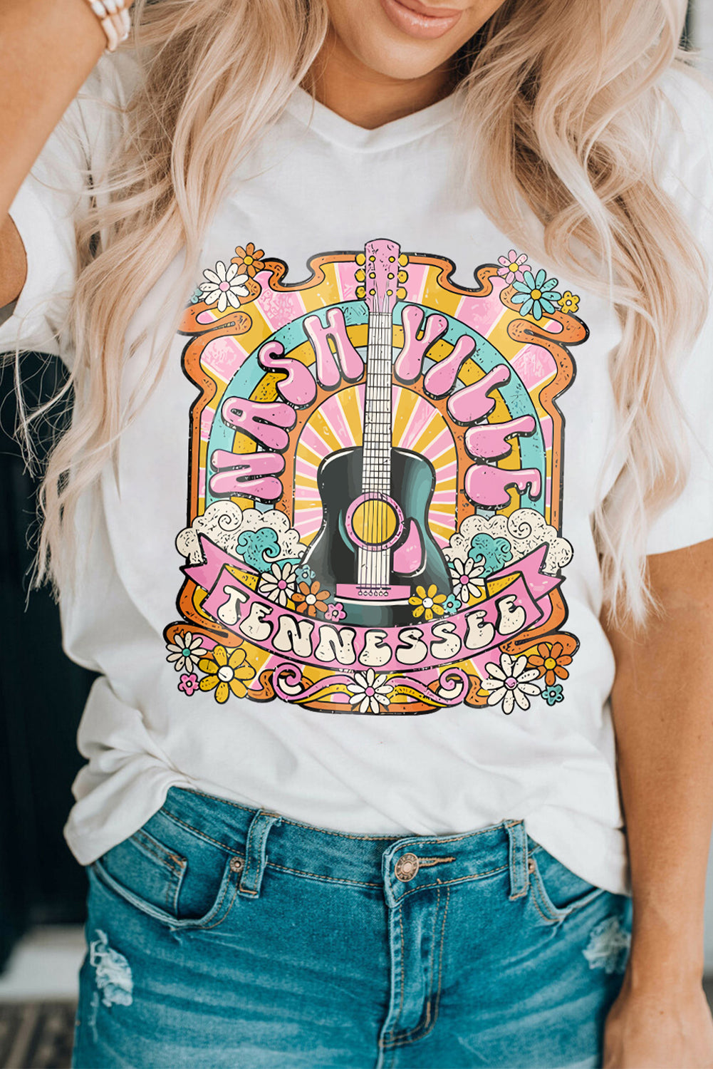 White NASHVILLE Guitar Graphic Country Music T Shirt