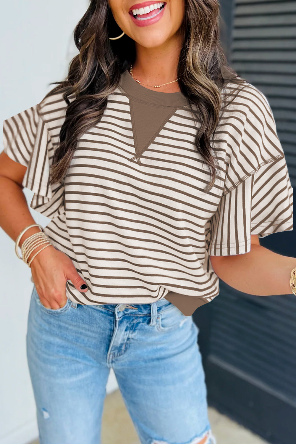 Parchment Striped Ruffle Short Sleeve Top