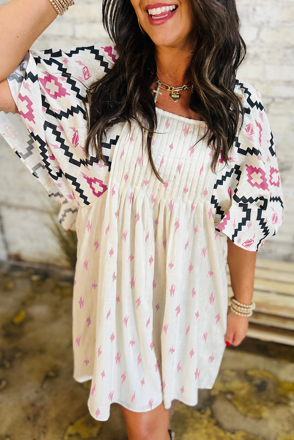 Beige Aztec Print Mini Dress RTS