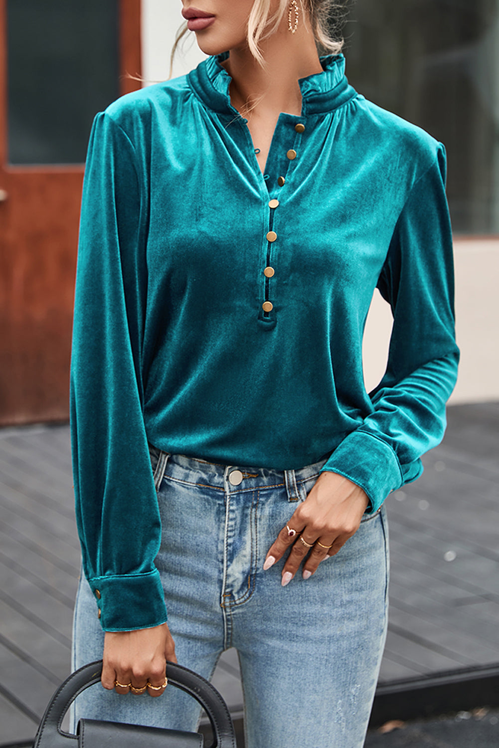 Green Velvet Frilled Neck Top