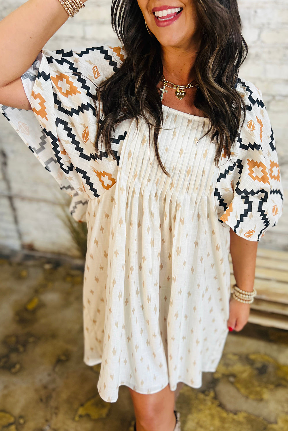 Beige Aztec Print Mini Dress RTS
