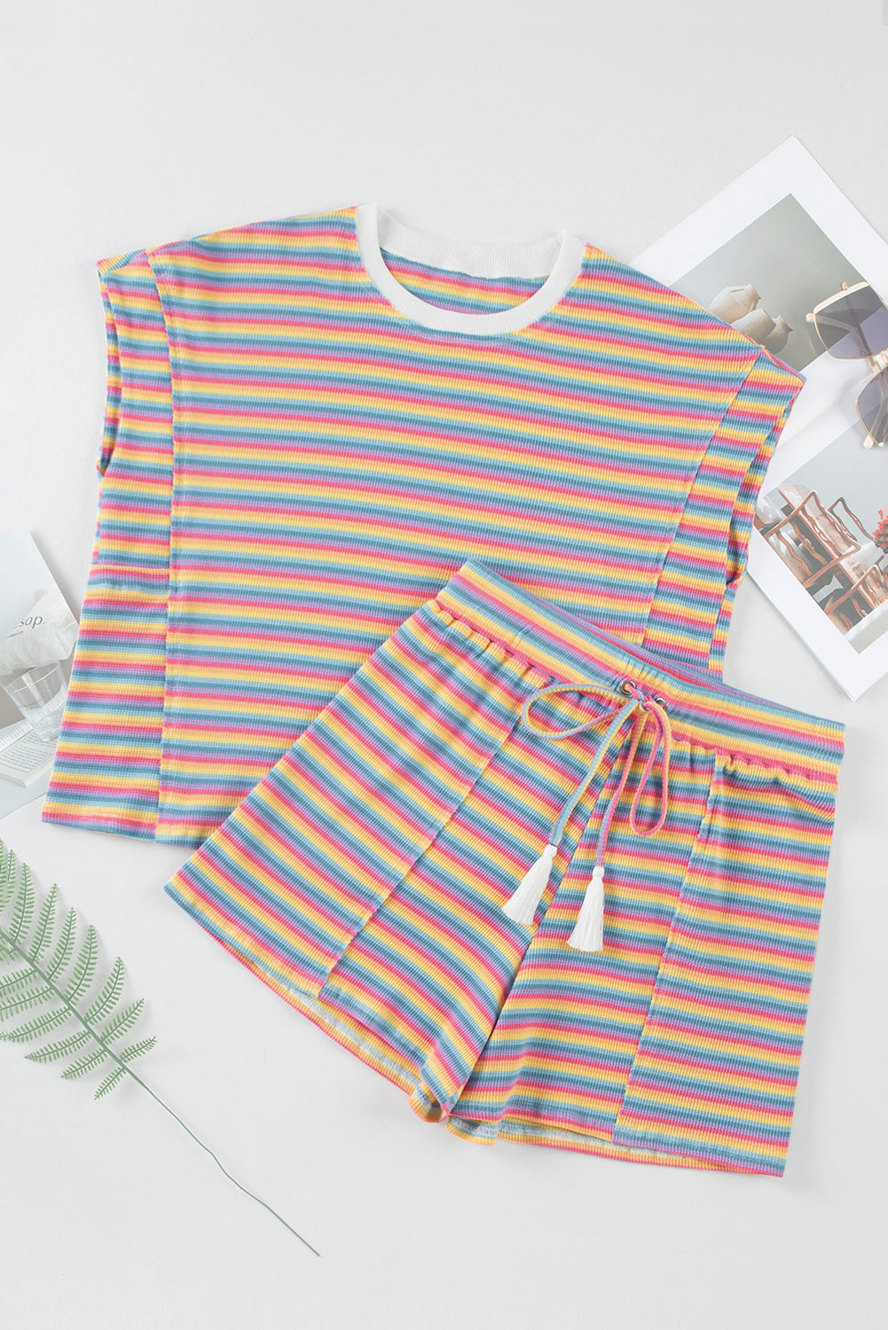 Pink Stripe Crew Neck Tee and Tasseled Set