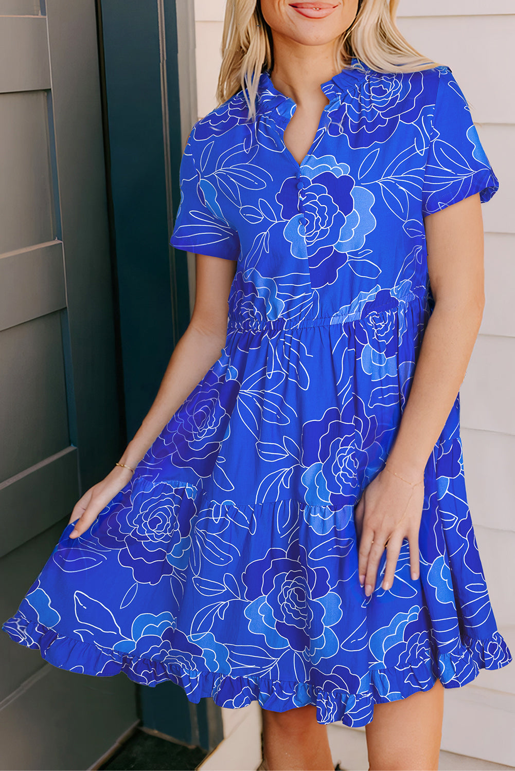 Blue Floral Ruffle Dress RTS