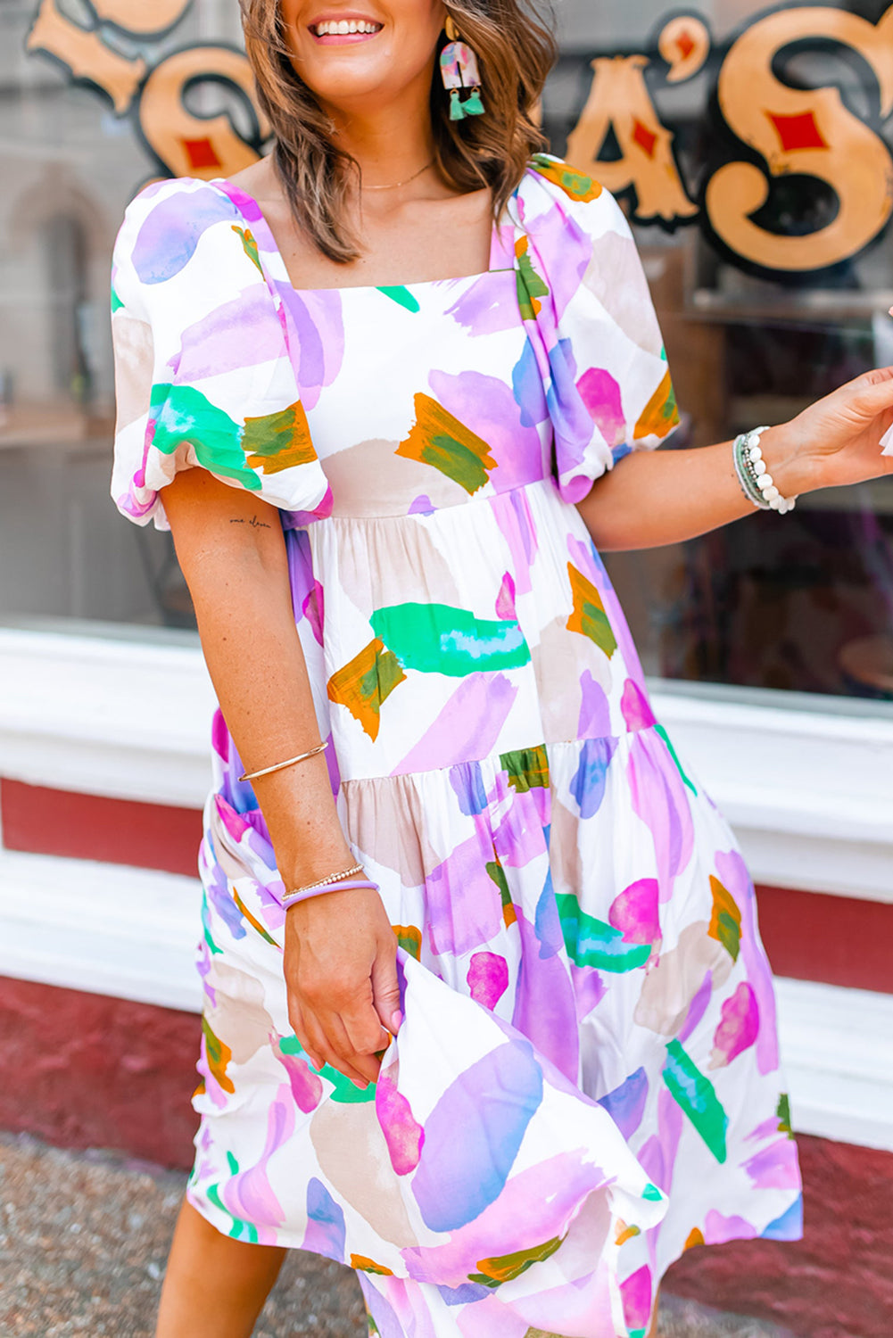 Purple Abstract Smocked Back Midi Dress