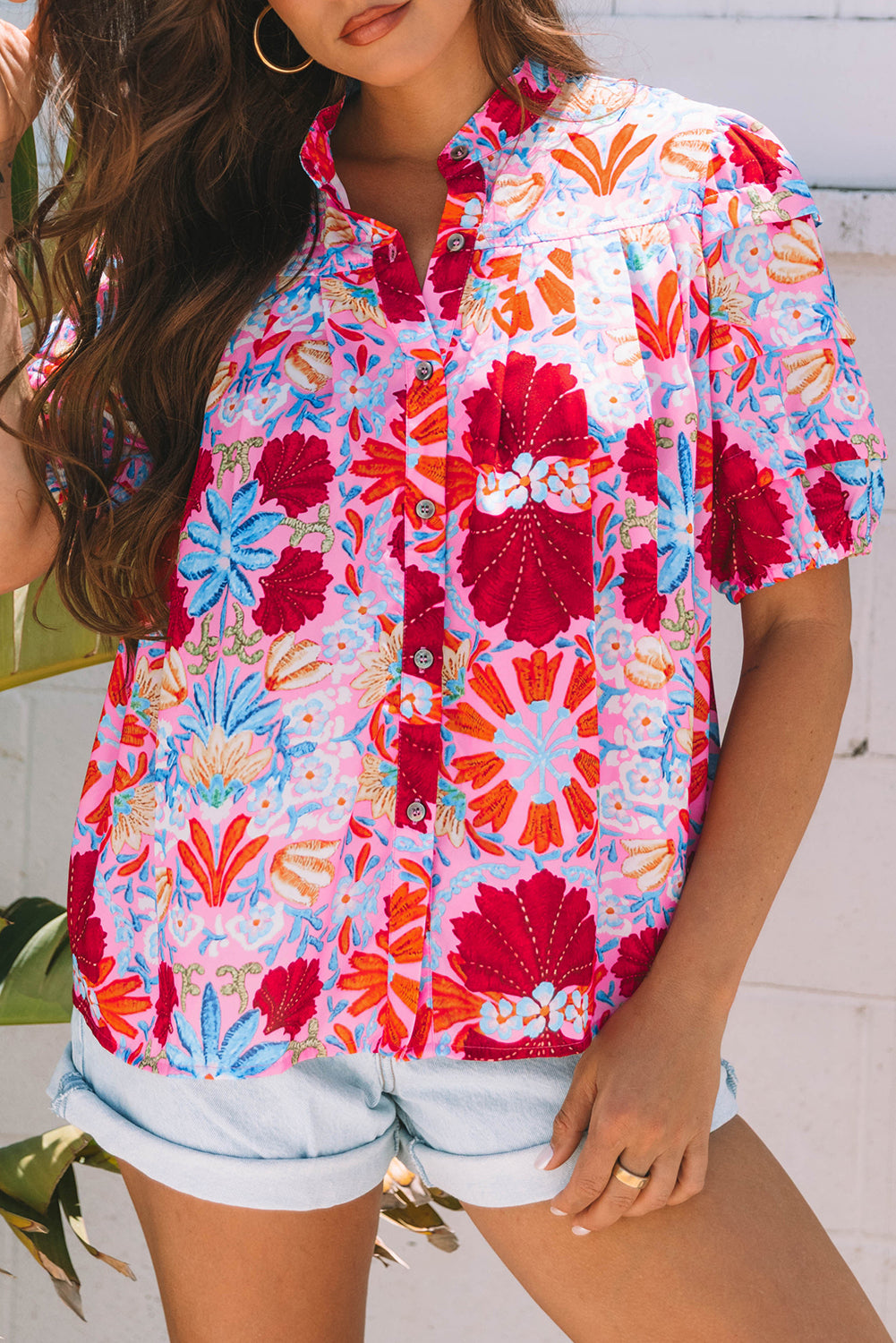 Pink Floral Bubble Pleated Blouse FB