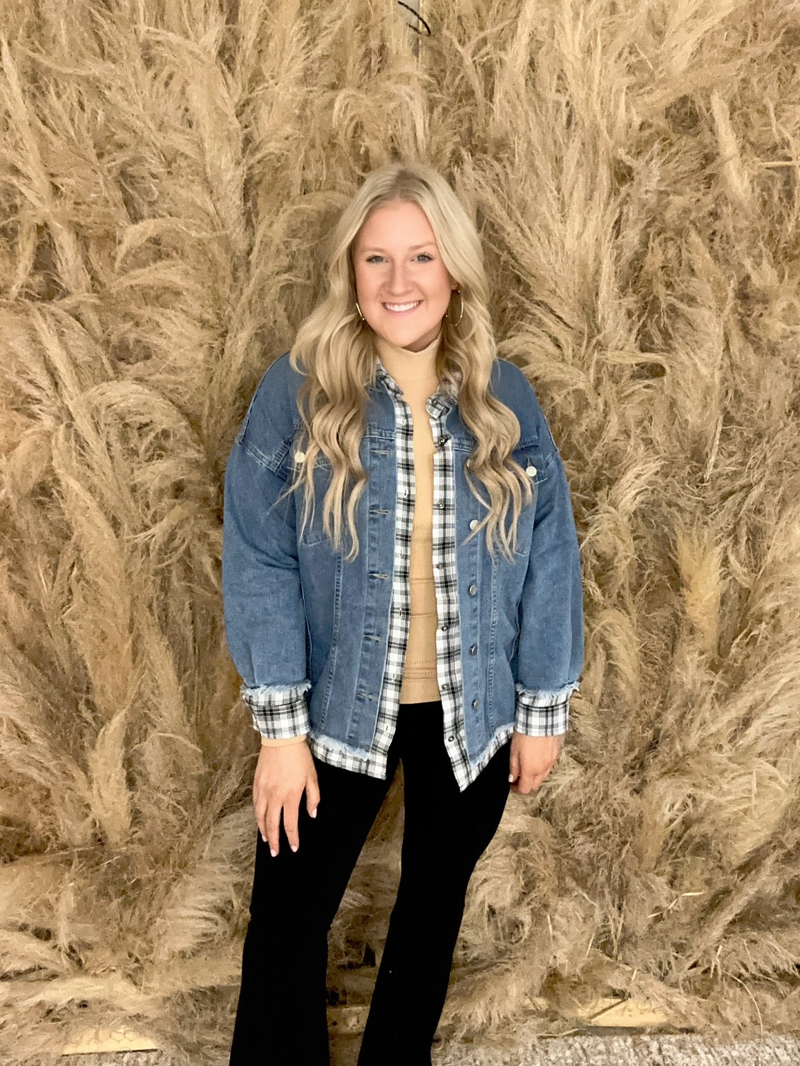 Plus Size Plaid Hem Denim Jacket