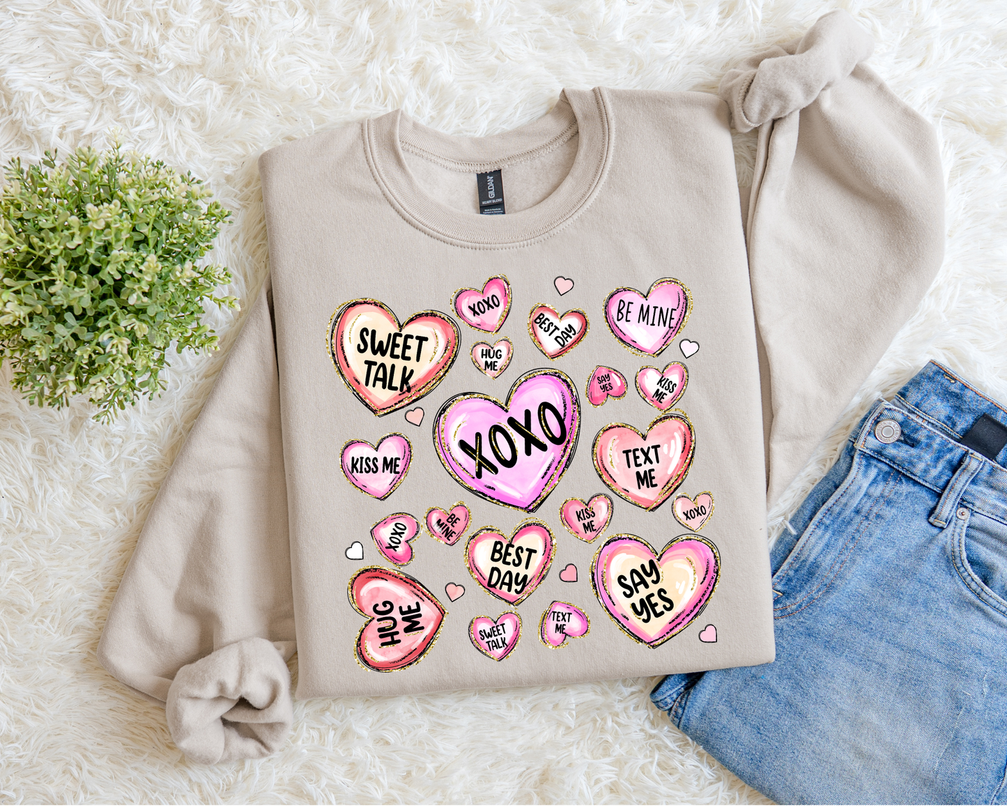 Assorted Conversation Hearts Sweatshirt.