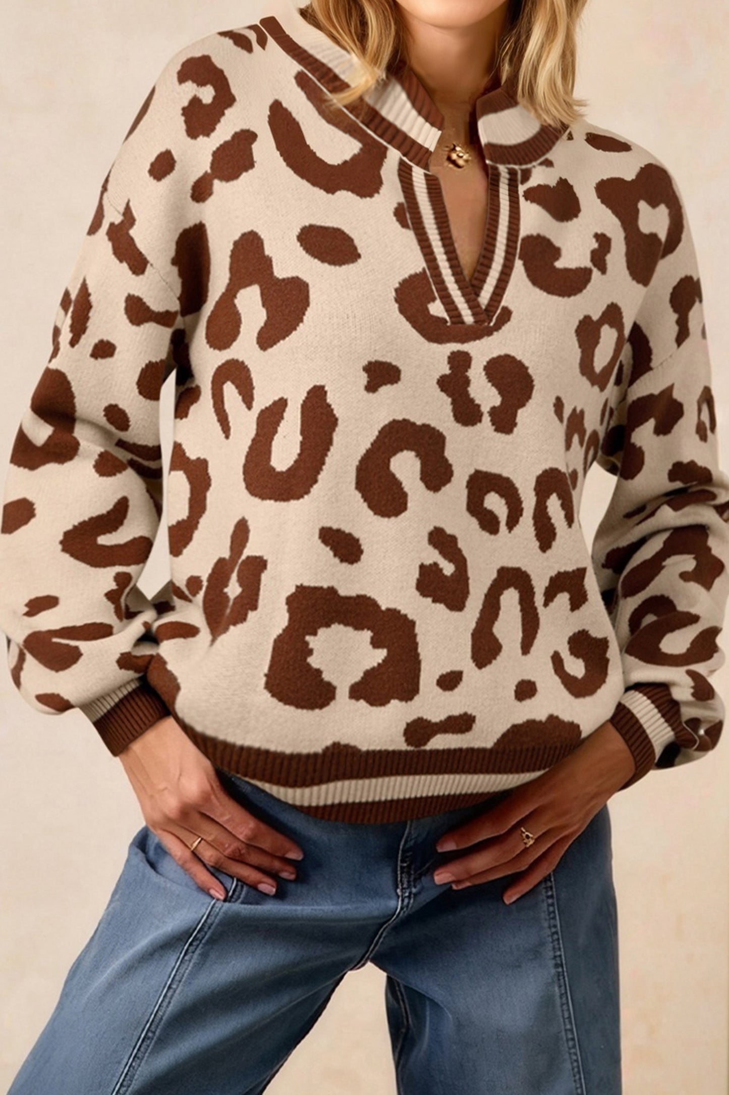 Beige Leopard V Neck Sweater NEW RTS