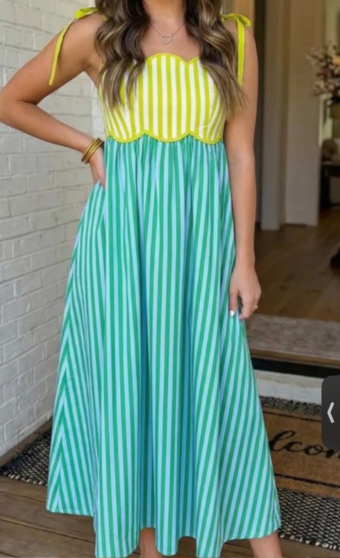 Scalloped Green Stripe Midi Dress