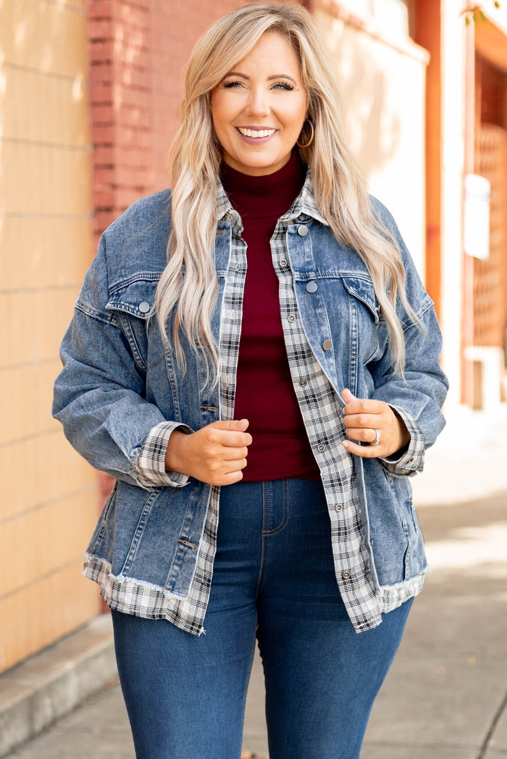 Plus Size Plaid Hem Denim Jacket