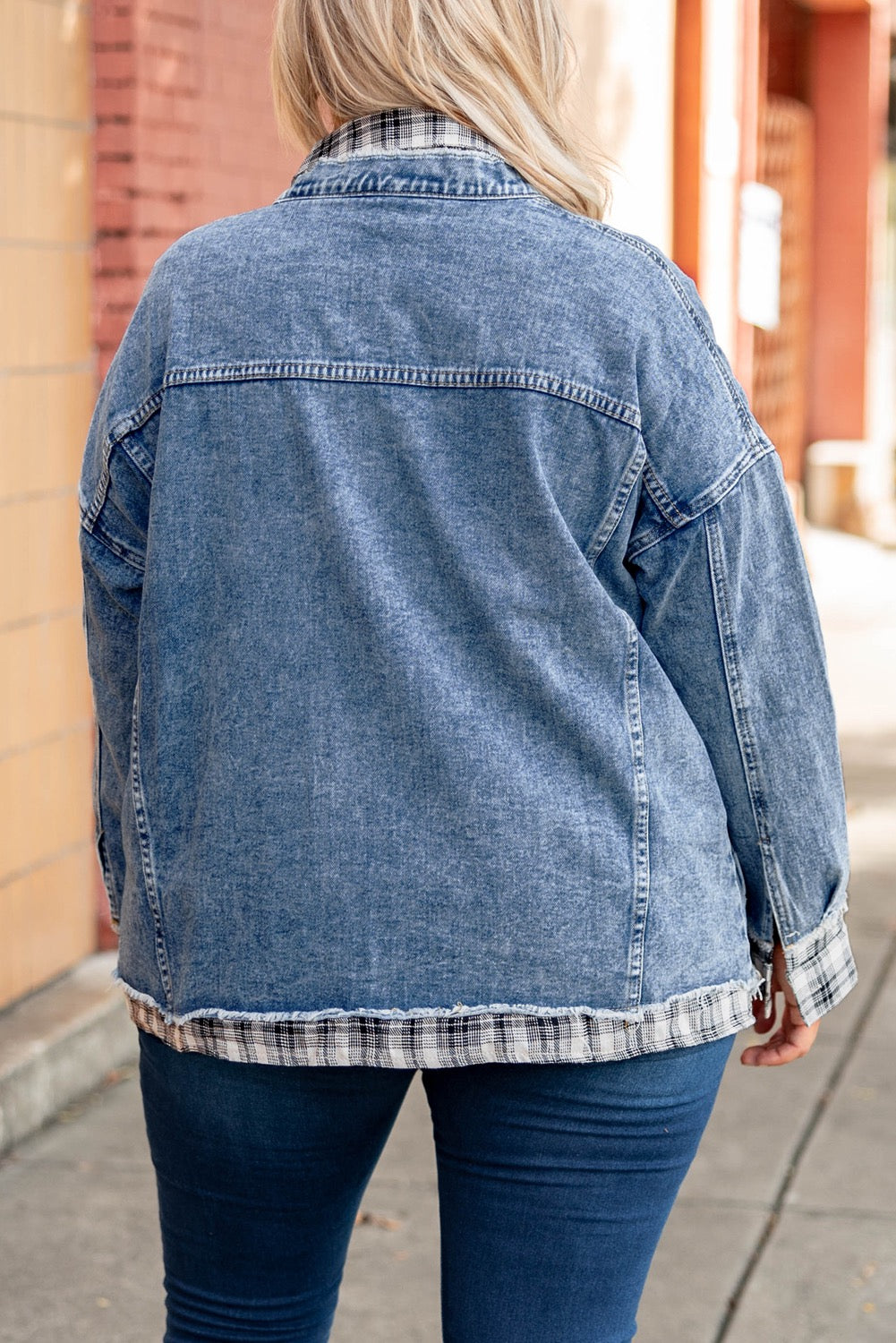 Plus Size Plaid Hem Denim Jacket