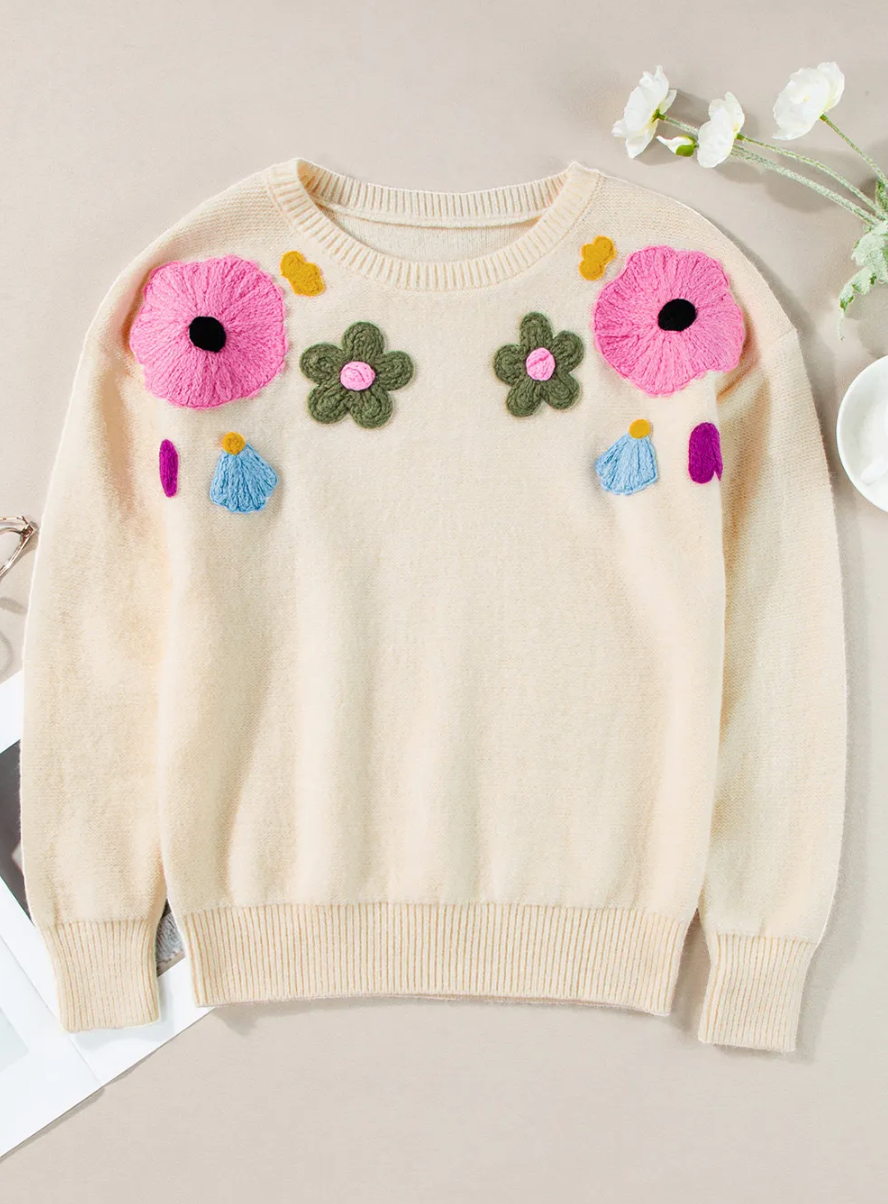 BEIGE KNITTED FLORAL SWEATER