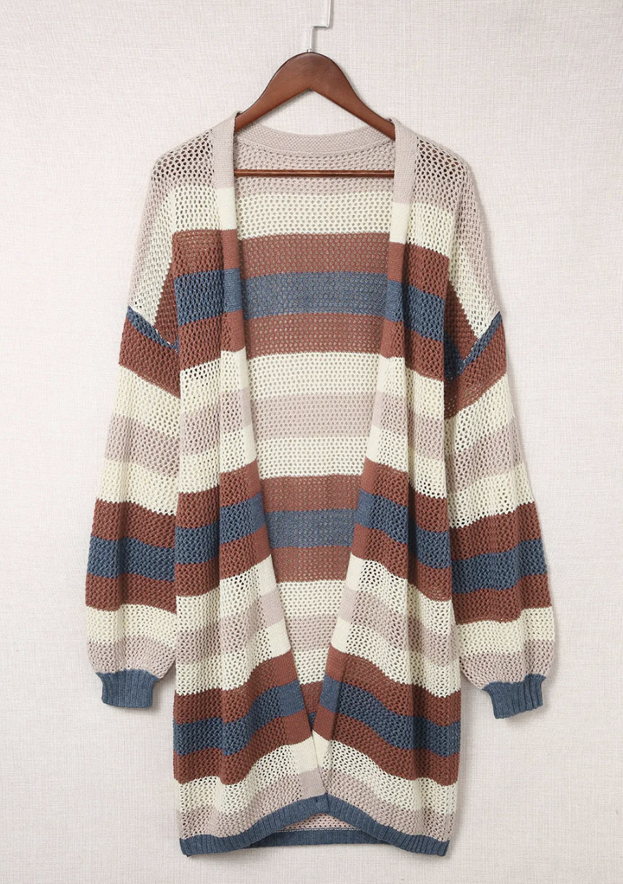 BLUE STRIPED HOLLOW KNIT CARDIGAN OOTD