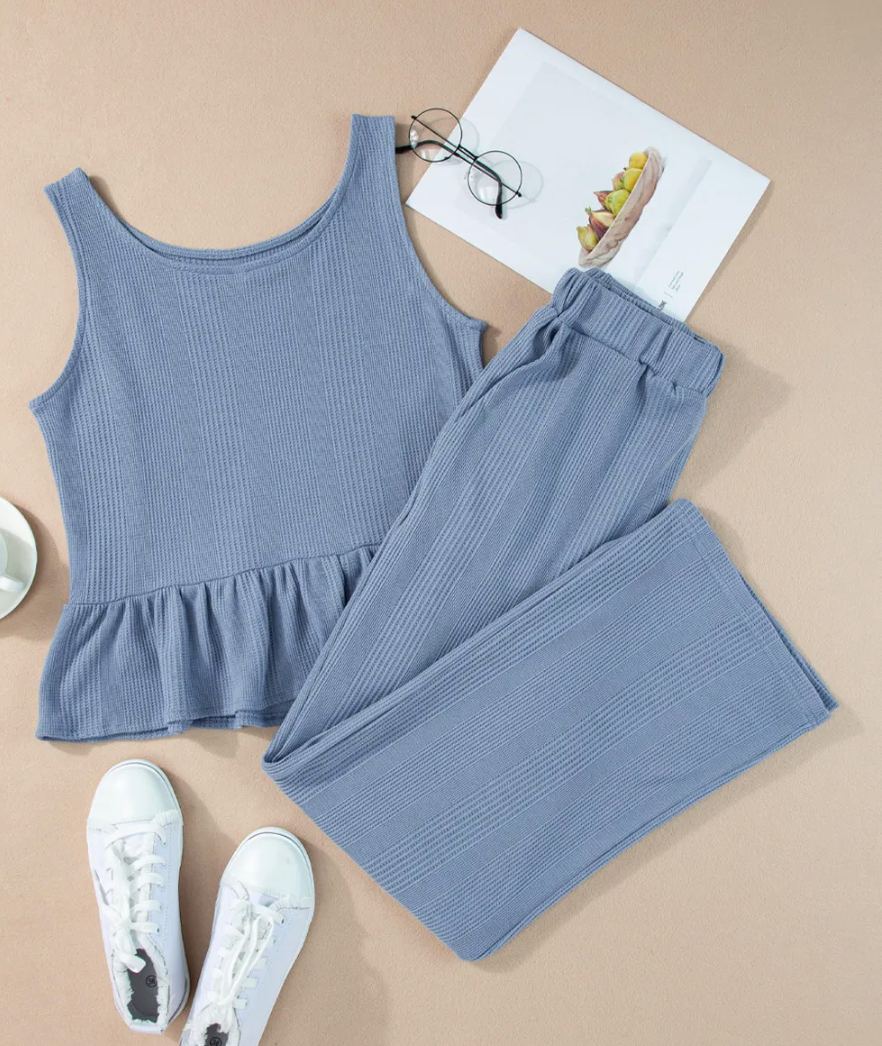 BLUE RIBBED TANK & PANTS SET OOTD
