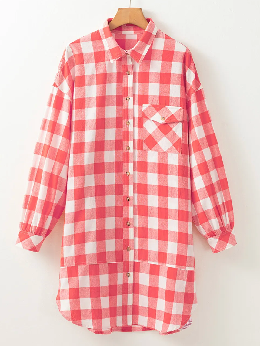 Oversized Plaid Puff Sleeve Round Hem Shirt Dress-OOTD