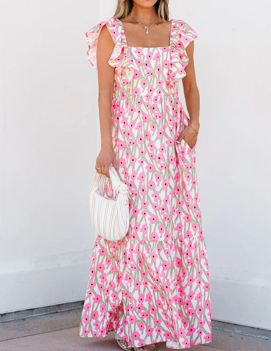 Blue Floral Ruffle Strap Maxi OOTD