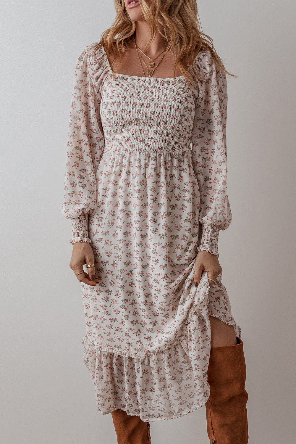 White Floral Midi Dress