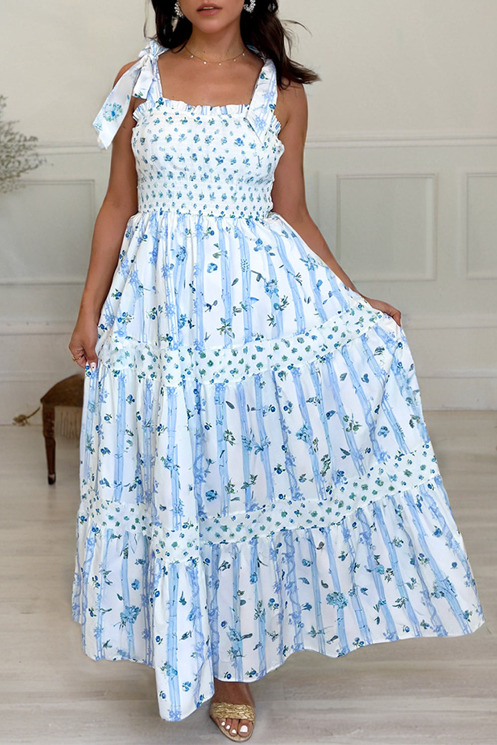 Floral Smocked Tied Strap Maxi FB