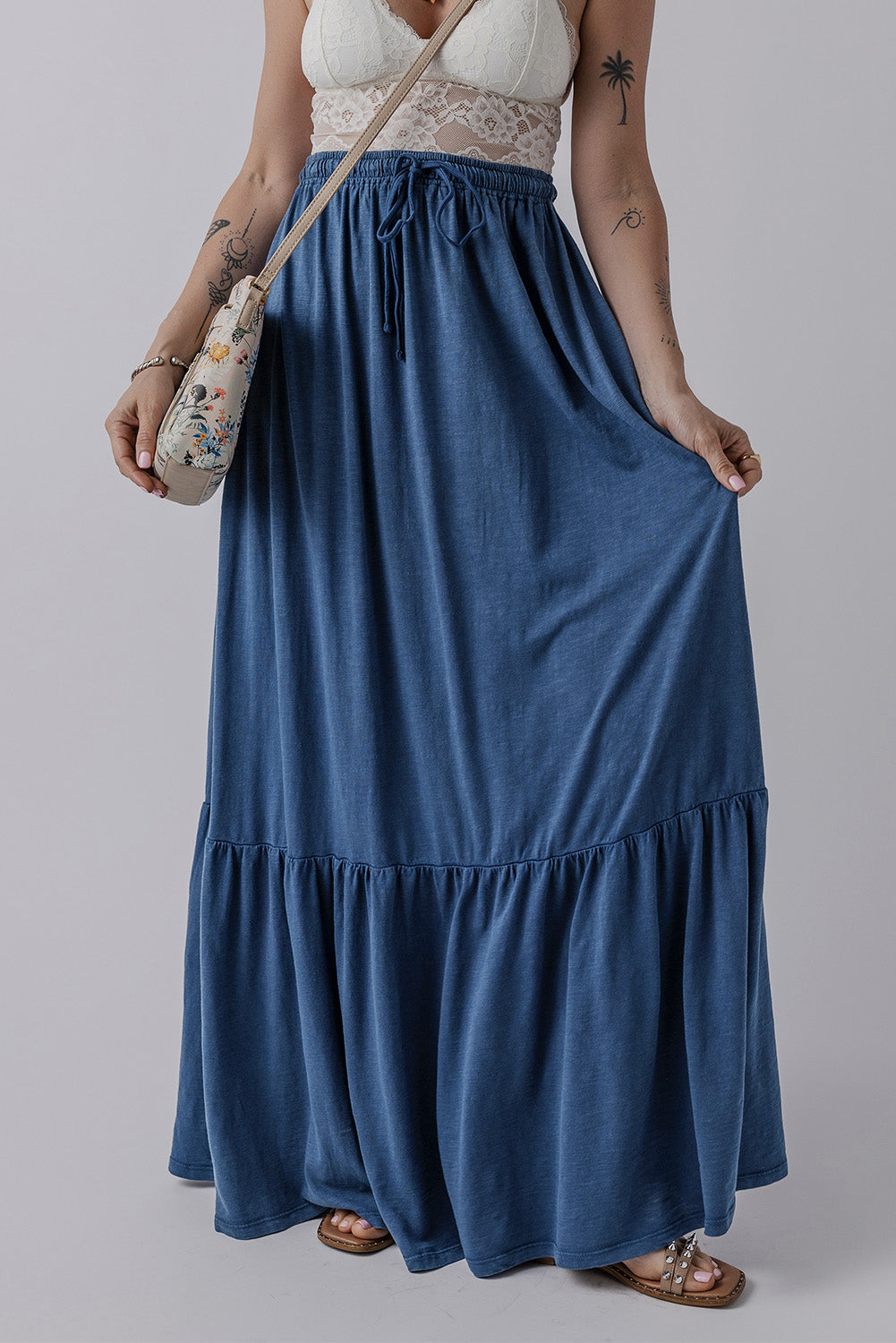 Blue Lace Up High Waist Maxi Skirt
