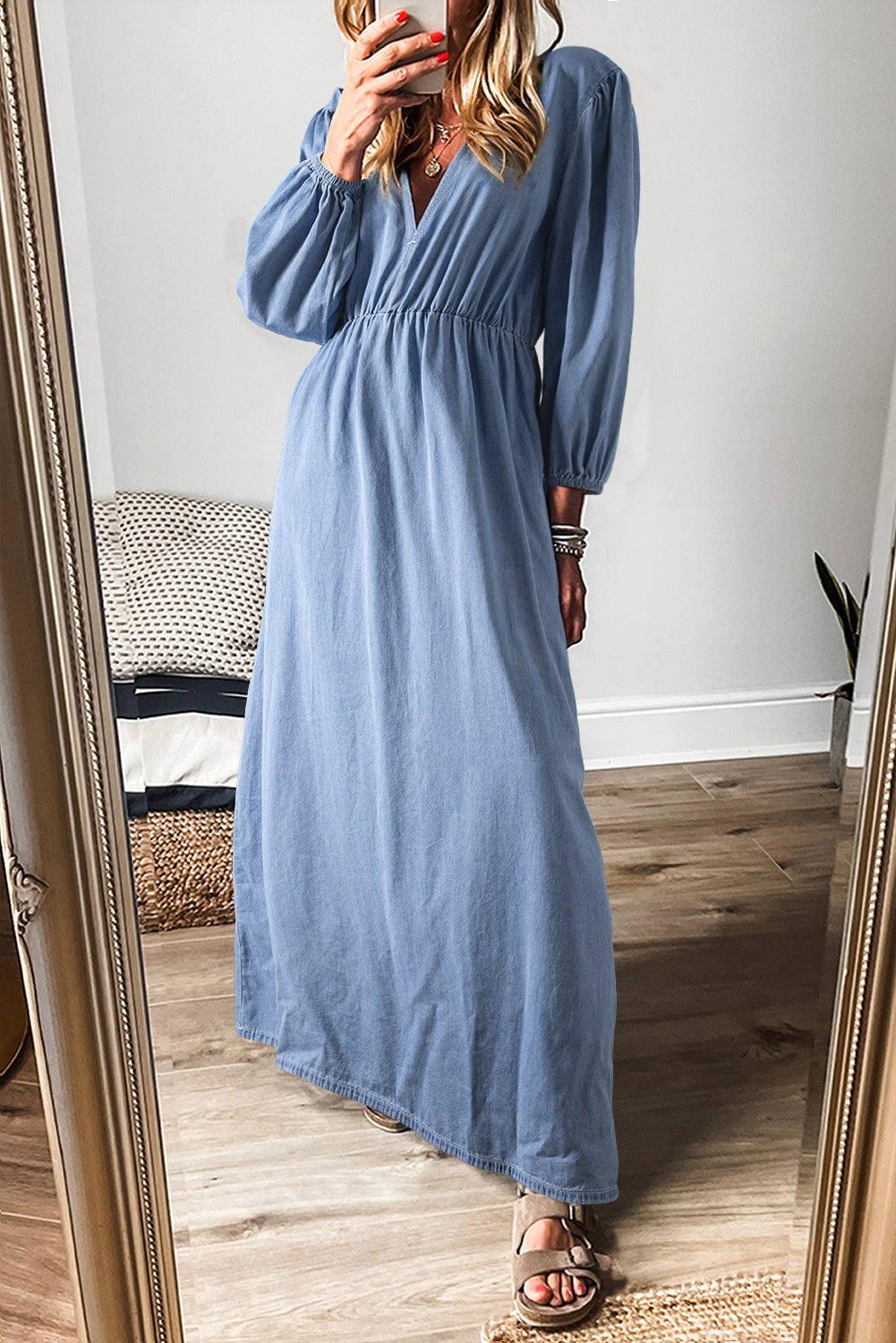 Chambray Deep V Neck Maxi Dress OOTD
