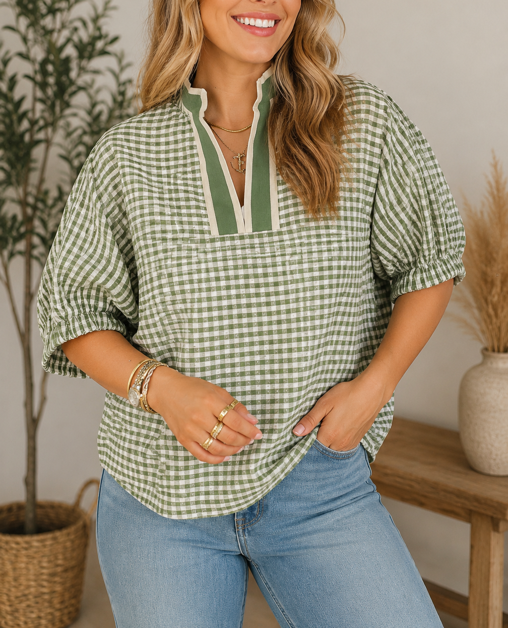 Plaid Trim Blouse *multiple colors*