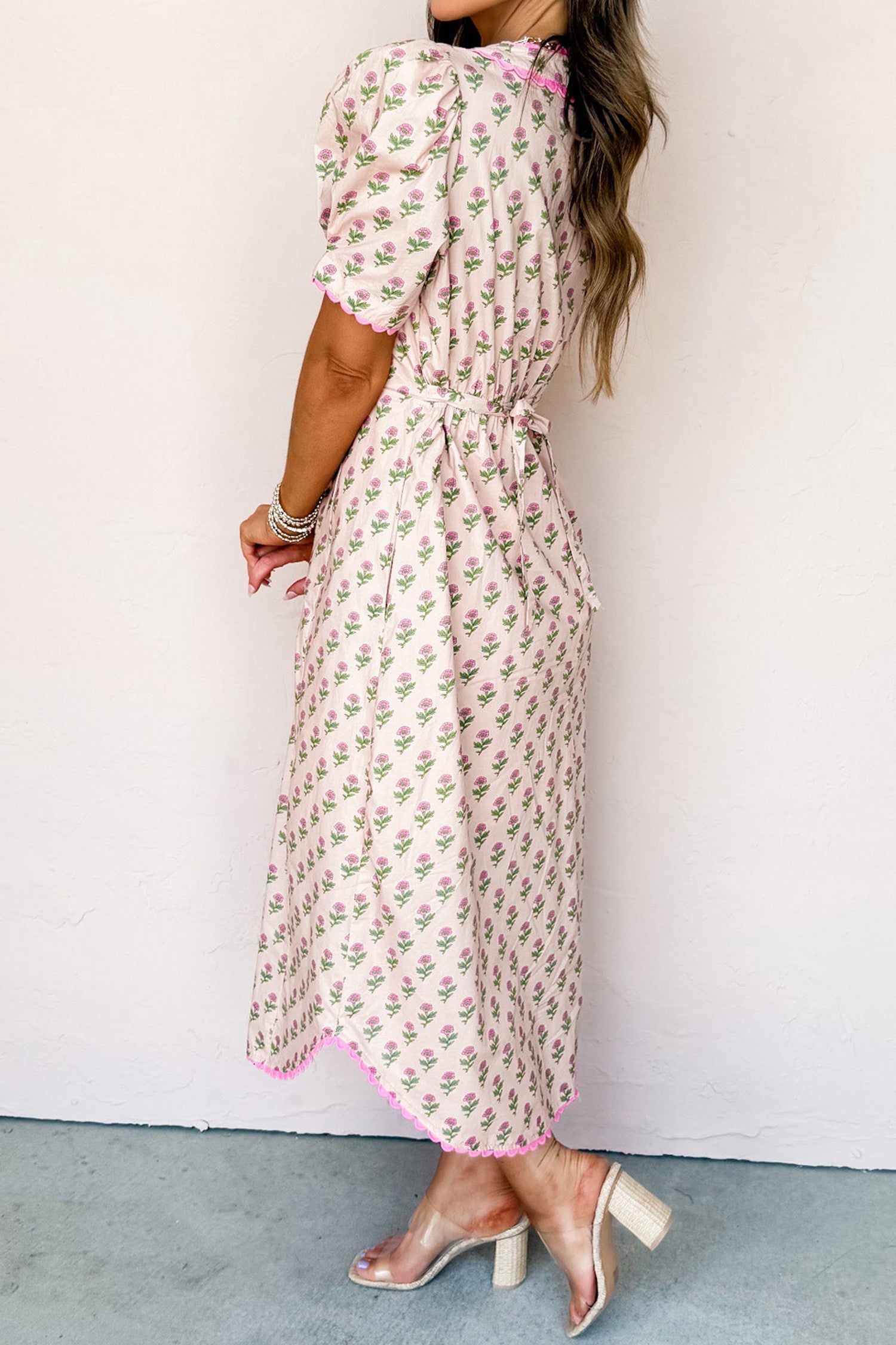 Pink Floral Scallop Trim Long Dress