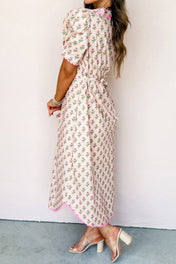 Pink Floral Scallop Trim Long Dress