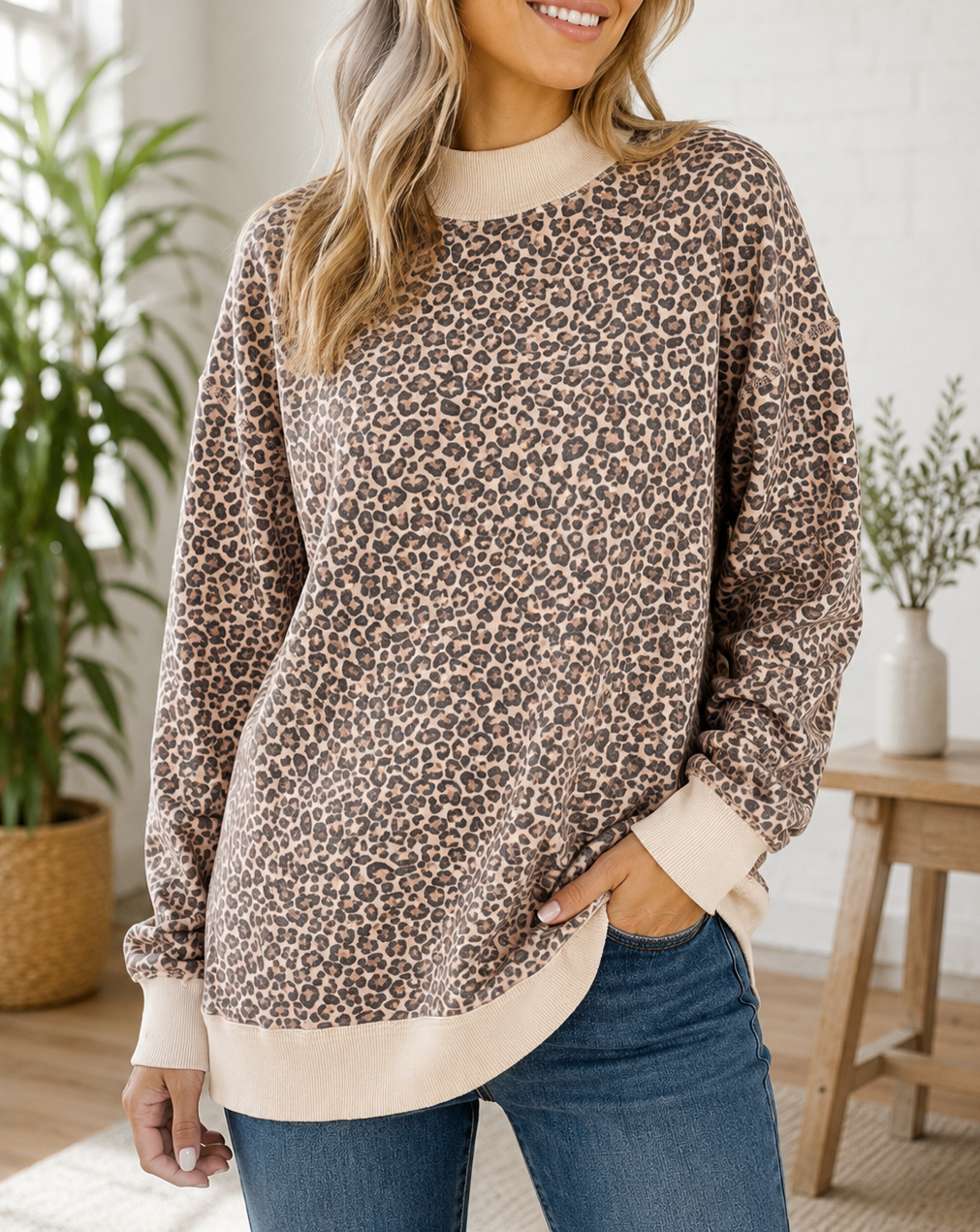 Leopard Ribbed Cuffs Sweatshirt Full Run RTS