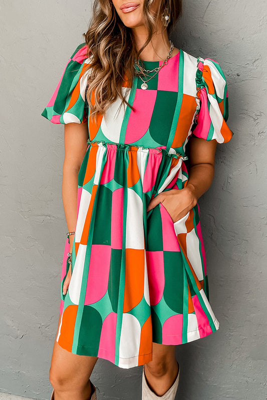 Green Abstract Print Puff Sleeve Dress
