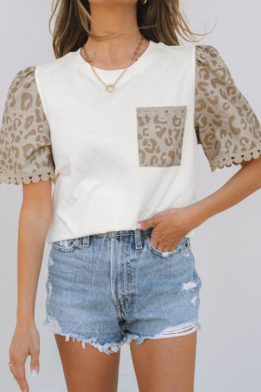 White Leopard Crochet Trim Top