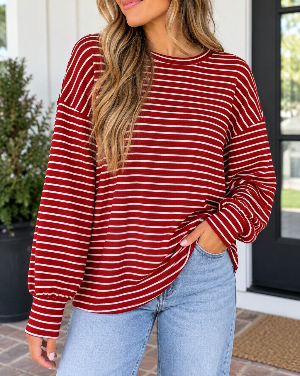 Red Stripe Drop Shoulder Top