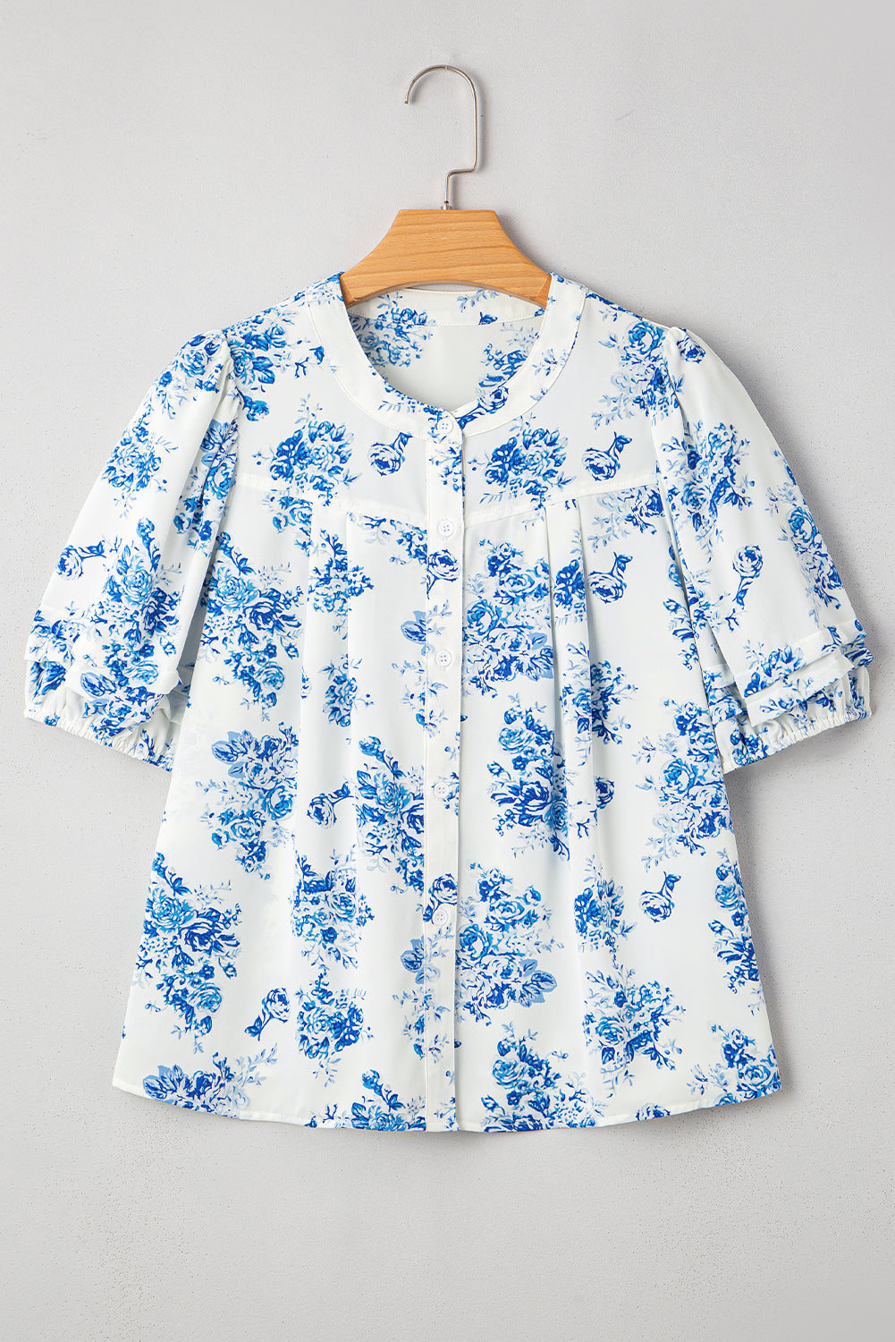 Blue Floral Pleated Blouse