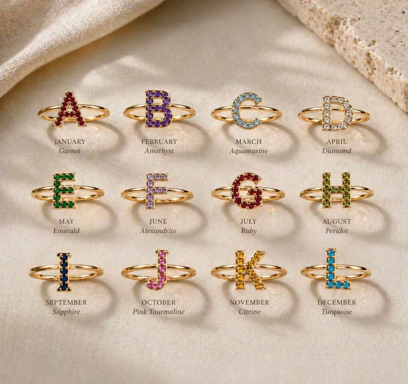 Custom Birthstone Initial Rings Letters A-O