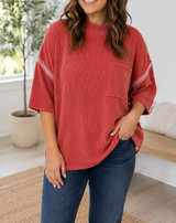 Red Ribbed Plus Blouse