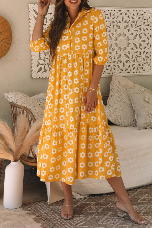 Yellow Flower Collared Maxi Dress