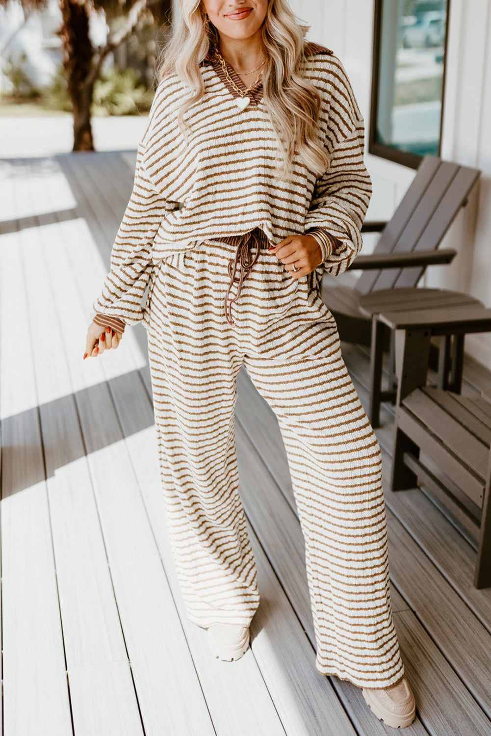 Khaki Stripe Pullover Set FB