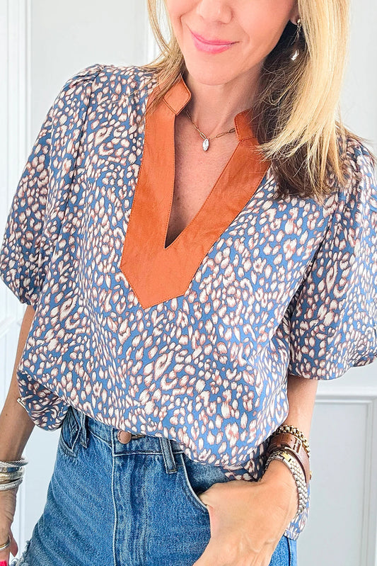 Blue Leopard Print Contrast Puff Sleeve Top