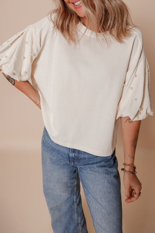 White Pearled Puff Sleeve Loose Top $18