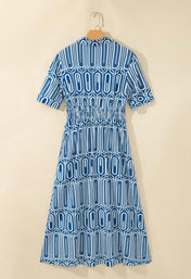 Blue Geometric Drawstring Dress