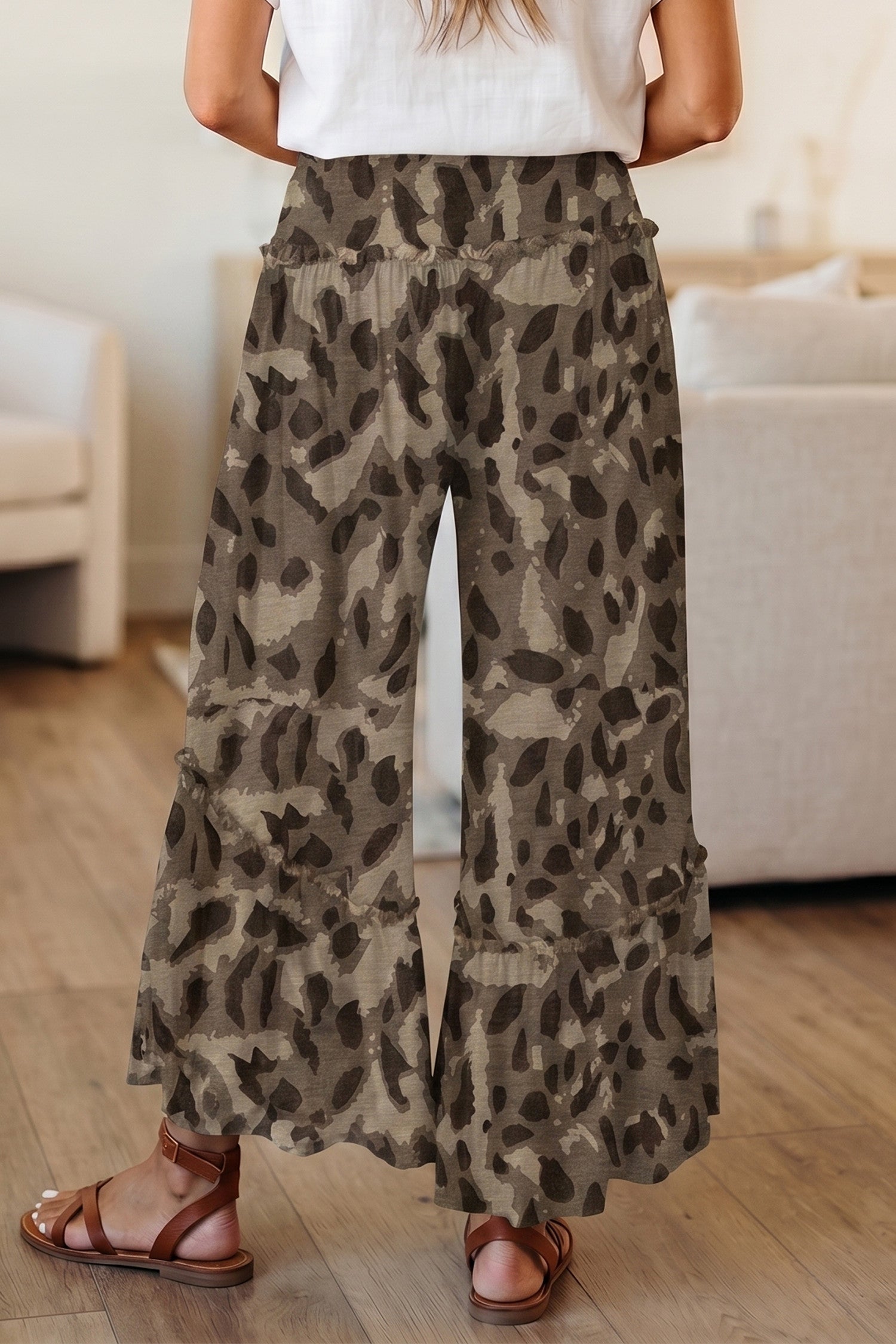 Brown Print Wide Leg Causal Pants