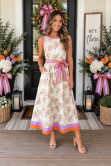 White Floral Belted Maxi Dress