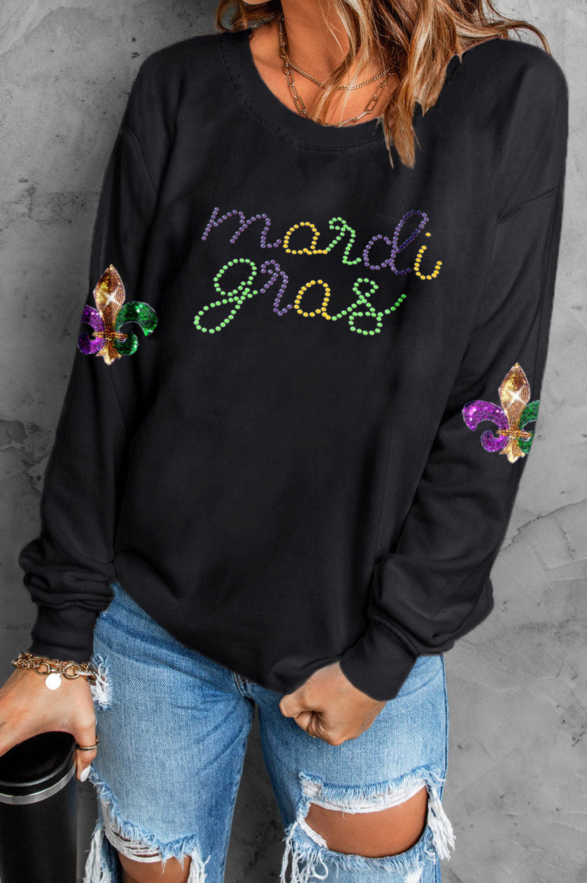 Mardi Gras Black Rhinestone Graphic Sweatshirt