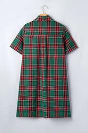 Green Plaid Button Short Sleeve Dress