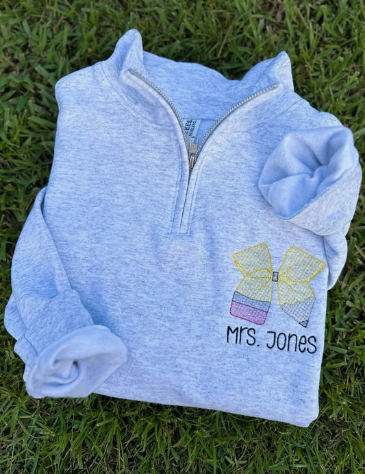 Teacher Pencil Bow Embroidered Zip Up