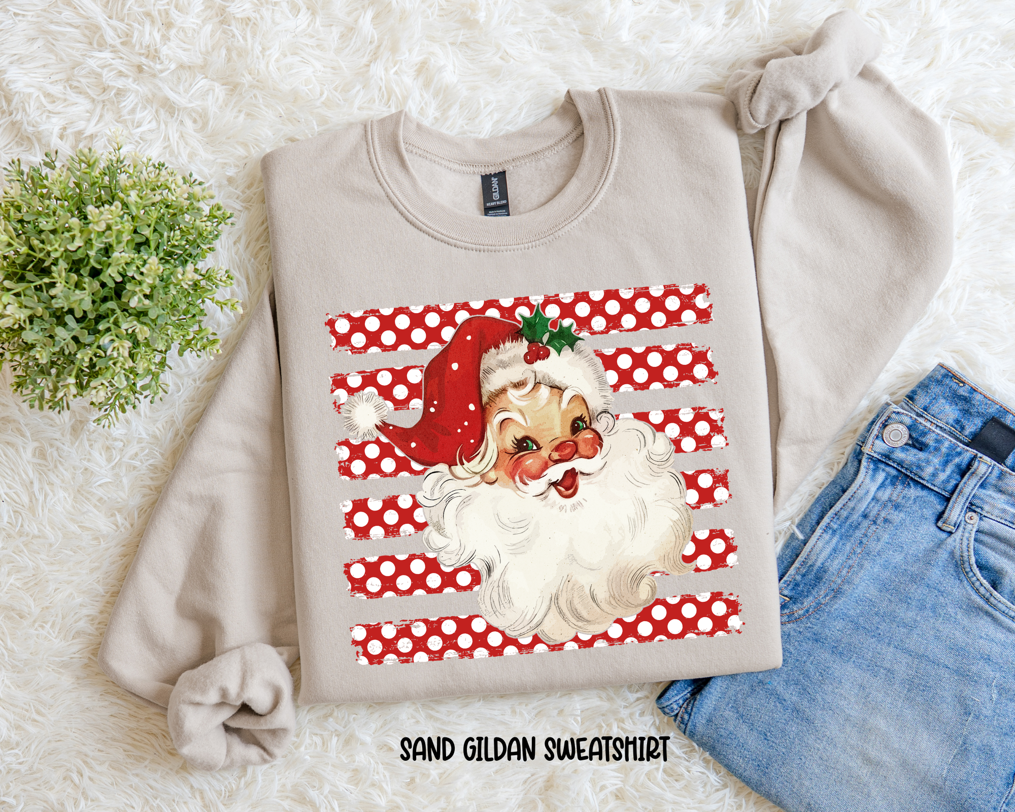 Polka Dot Stripe Santa Sweatshirt.