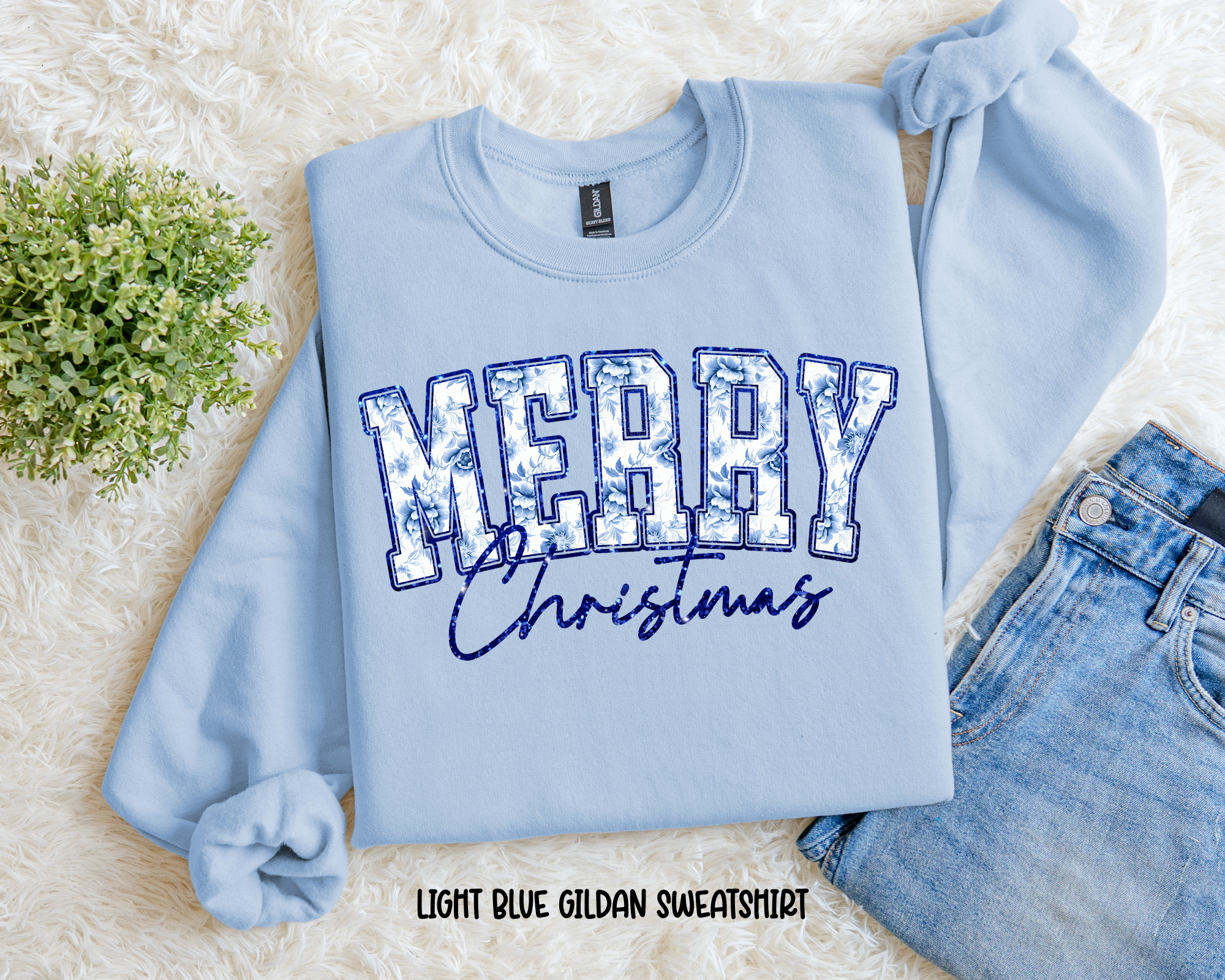 Blue Floral Merry Christmas Sweatshirt.